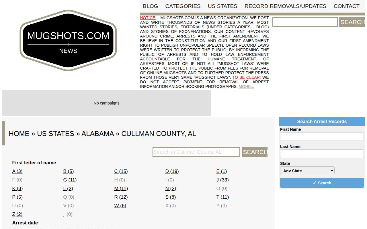 Unofficial historical Cullman County mugshot news index