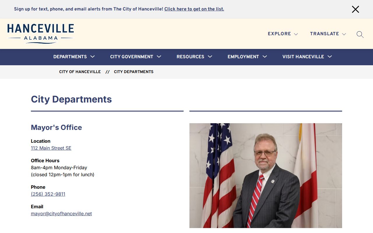 Hanceville official departments page showing current municipal record sources and no police arrest feed